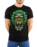 Aztec Jaguar Warrior Graphic Tee With Powerful Tribal Art - model wearing black tee with hands behind back