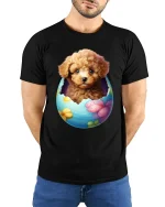 Cute Puppy In Easter Egg Graphic Tee With Adorable Art - model wearing black tee with hands behind back