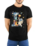 Astronaut Letter I Space Graphic Tee With Cute Cosmic Art - model wearing black tee with hands behind back