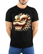 Colorful Chinese Lion Dance Graphic Tee With Festival Spirit - model wearing black tee with hands behind back