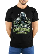 Civilization Remnants Knight Graphic Tee With Post Apocalyptic Art - model wearing black tee with hands behind back