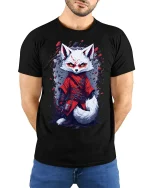 Fox Warrior Graphic Tee With Fierce Anime Style Art - model wearing black tee with hands behind back