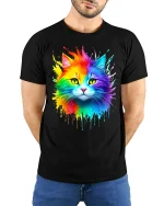 Rainbow Splash Cat Graphic Tee With Colorful Artistic Vibes - model wearing black tee with hands behind back