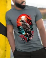 Majestic Eagle Sunset Graphic Tee With Powerful Nature Art - model wearing grey tee, leaning on column