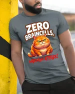 Zero Braincells Maximum Attitude Funny Cat Graphic Tee - model wearing grey tee, leaning on column