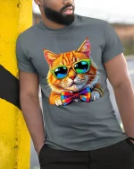 Cool Cat With Sunglasses Graphic Tee With Funny Stylish Vibe - model wearing grey tee, leaning on column