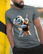 Rockstar Teddy Bear Guitar Graphic Tee With Fun Music Vibes - model wearing grey tee, leaning on column