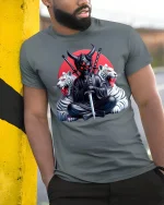 Demon Samurai Warrior Graphic Tee With Dark Japanese Art - model wearing grey tee, leaning on column