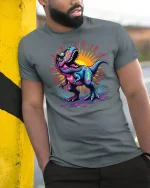 Colorful Roaring Dinosaur Graphic Tee With Neon Street Art - model wearing grey tee, leaning on column