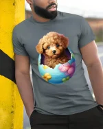Cute Puppy In Easter Egg Graphic Tee With Adorable Art - model wearing grey tee, leaning on column