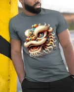 Colorful Chinese Lion Dance Graphic Tee With Festival Spirit - model wearing grey tee, leaning on column