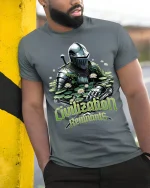 Civilization Remnants Knight Graphic Tee With Post Apocalyptic Art - model wearing grey tee, leaning on column