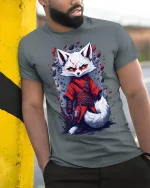 Fox Warrior Graphic Tee With Fierce Anime Style Art - model wearing grey tee, leaning on column