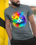 Rainbow Splash Cat Graphic Tee With Colorful Artistic Vibes - model wearing grey tee, leaning on column