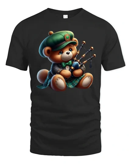 Cute Bagpipe Playing Teddy Bear Graphic Tee With Cozy Charm - black t-shirt on white background