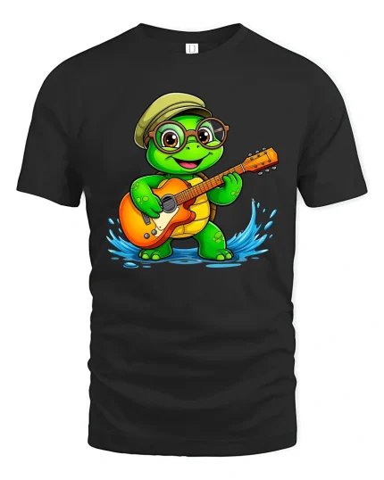 Cute Turtle Playing Guitar Graphic Tee With Happy Music Vibes - black t-shirt on white background