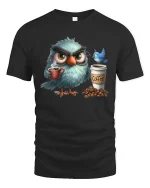Grumpy Owl Coffee Lover Graphic Tee With Morning Mood Vibes - black t-shirt on white background