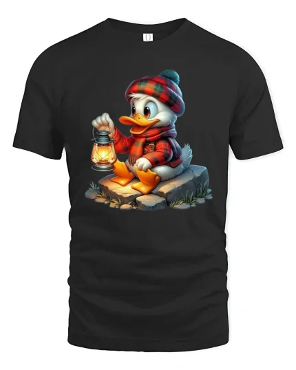 Cute Cozy Duck Lantern Graphic Tee With Warm Adventure Vibes - black t-shirt on white background