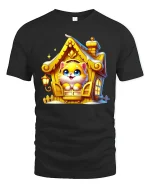 Cute Kitten In Cozy Golden House Illustration Graphic Tee - black t-shirt on white background