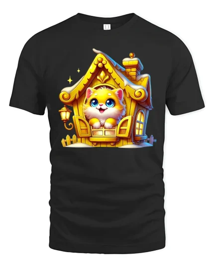 Cute Kitten In Cozy Golden House Illustration Graphic Tee - black t-shirt on white background