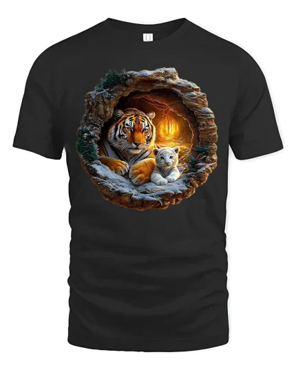 Majestic Tiger And Cub In Glowing Cave Illustration Graphic Tee - black t-shirt on white background