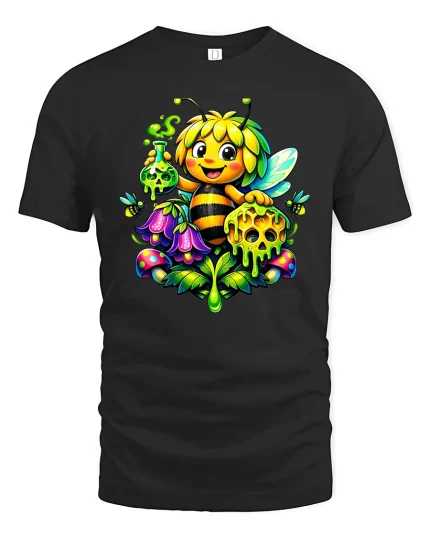 Cute Magic Bee With Honey And Potion Fantasy Illustration Tee - black t-shirt on white background