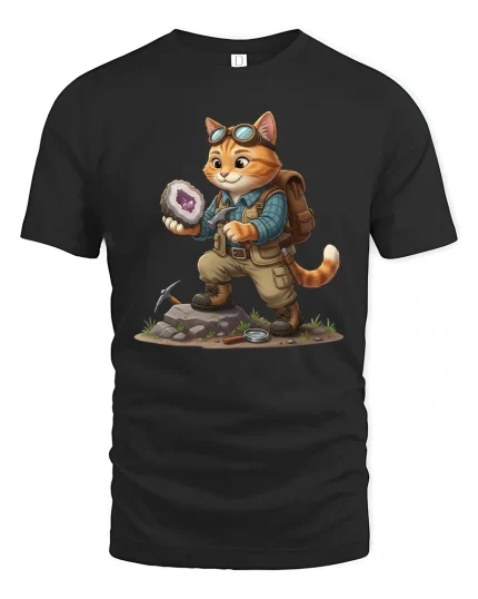 Cute Adventure Cat Rock Collector Fantasy Illustration Graphic Tee - black t-shirt on white background