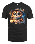Cute Owl Lantern Graphic Tee With Cozy Nighttime Charm - black t-shirt on white background
