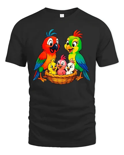 Colorful Parrot Family Nest Illustration Cute Cartoon Graphic Tee - black t-shirt on white background