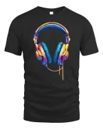 Colorful Music Headphones Illustration Modern Audio Art Graphic Tee - black t-shirt on white background
