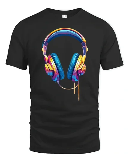 Colorful Music Headphones Illustration Modern Audio Art Graphic Tee - black t-shirt on white background