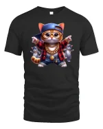 Hip Hop Cat Graphic Tee With Gold Chain Street Style Art - black t-shirt on white background