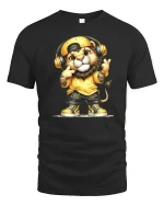 Hip Hop Lion Graphic Tee With Headphones Street Style Art - black t-shirt on white background