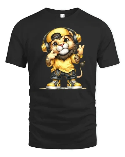Hip Hop Lion Graphic Tee With Headphones Street Style Art - black t-shirt on white background
