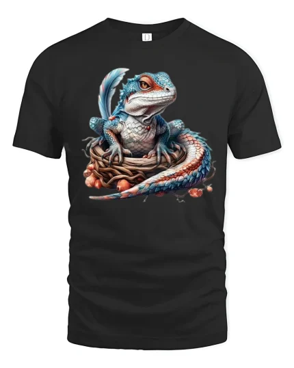 Cute Baby Dragon Fantasy Graphic Tee With Magical Creature Art - black t-shirt on white background