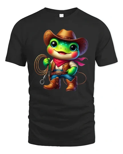 Cute Cowboy Frog Graphic Tee With Funny Western Cartoon Style - black t-shirt on white background