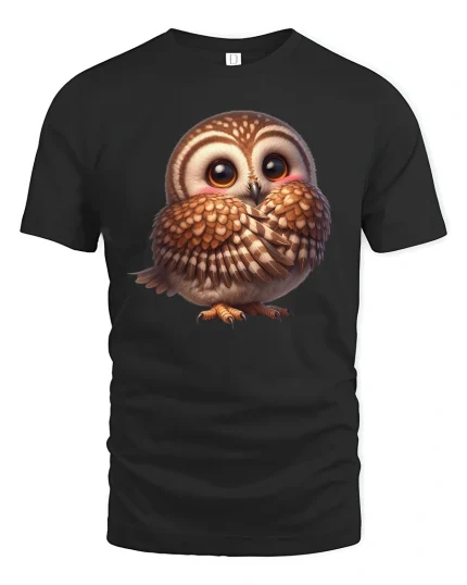 Cute Shy Owl Graphic Tee With Adorable Cozy Cartoon Style - black t-shirt on white background