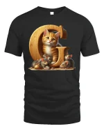 Cute Kitten And Mice Letter C Graphic Tee With Cozy Cartoon Art - black t-shirt on white background