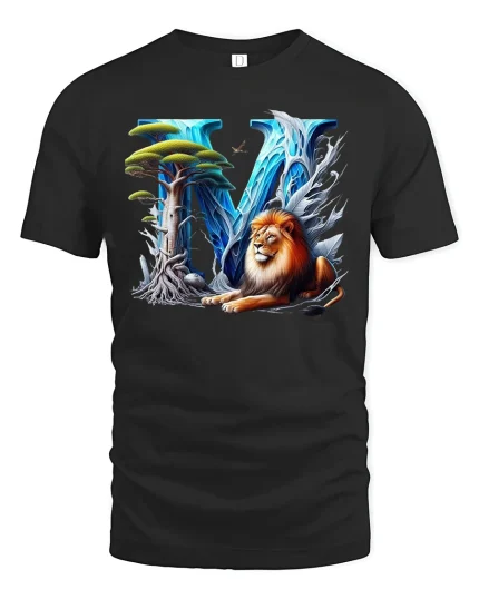 Majestic Lion Letter V Fantasy Graphic Tee With Nature Power Art - black t-shirt on white background