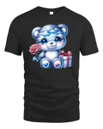 Cute Blue Teddy Bear Graphic Tee With Rose And Gift Art - black t-shirt on white background