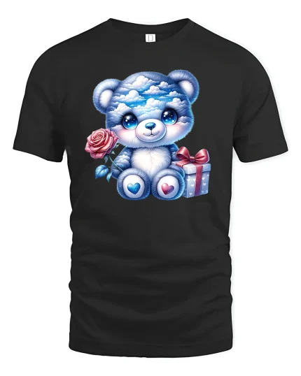Cute Blue Teddy Bear Graphic Tee With Rose And Gift Art - black t-shirt on white background