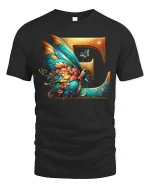 Elegant Letter E Butterfly Fantasy Graphic Tee With Artistic Style - black t-shirt on white background