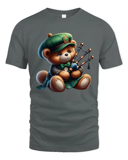 Cute Bagpipe Playing Teddy Bear Graphic Tee With Cozy Charm - gray t-shirt on white background