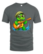 Cute Turtle Playing Guitar Graphic Tee With Happy Music Vibes - gray t-shirt on white background