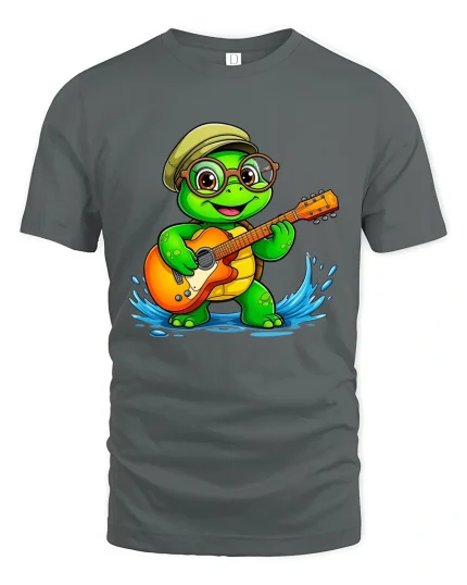 Cute Turtle Playing Guitar Graphic Tee With Happy Music Vibes - gray t-shirt on white background