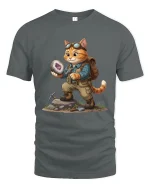 Cute Adventure Cat Rock Collector Fantasy Illustration Graphic Tee - gray t-shirt on white background