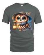 Cute Owl Lantern Graphic Tee With Cozy Nighttime Charm - gray t-shirt on white background