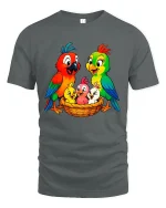 Colorful Parrot Family Nest Illustration Cute Cartoon Graphic Tee - gray t-shirt on white background