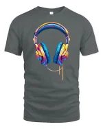 Colorful Music Headphones Illustration Modern Audio Art Graphic Tee - gray t-shirt on white background