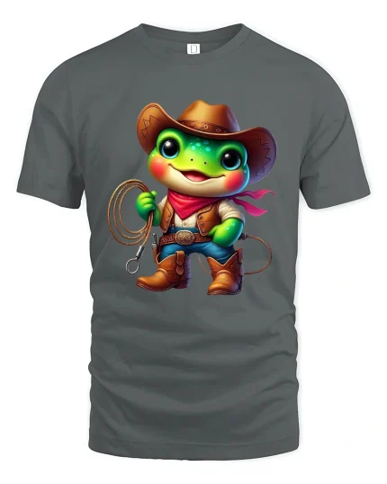Cute Cowboy Frog Graphic Tee With Funny Western Cartoon Style - gray t-shirt on white background